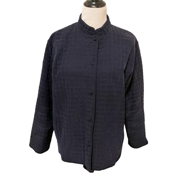 EILEEN FISHER Silk Quilted Jacket •M• Asian Knotted Button-Front Blue Blazer - Picture 2 of 6